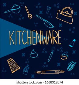 Banner for kitchen tools and accessories in the form of lines, with the inscription kitchenware: pan, kettle, whisk, grater, cups, rolling pin.