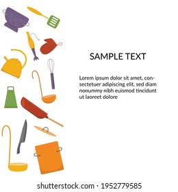 Banner with kitchen tools, kitchenware set. Vector stock illustration isolated on white background for web site online cooking course, class certificate, diploma.