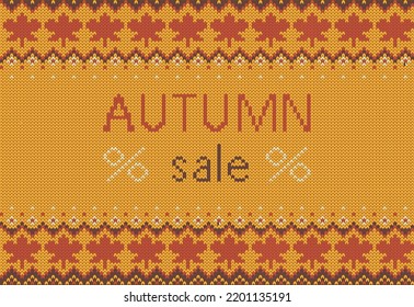 Banner Knit autumn texture with maple leaves horizontal seamless pattern. Vector illustration.