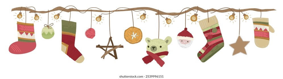 A banner with knitted new year decorations. Sustainable eco-friendly christmas concept. Alternative eco xmas. Handmade gifts, decor. Plastic free winter holidays. Editable vector illustration