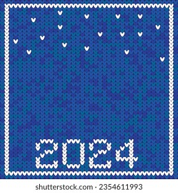 Banner with a knitted pattern and happy 2024 on a blue background.