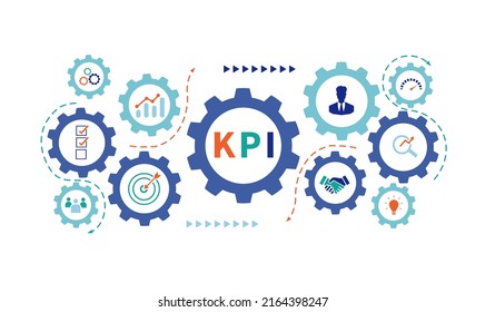 Banner KPI Concept With Icons. Key, Performance, Indicator Using Business Intelligence Metrics To Measure Achievement Versus Planned Target. Vector Illustrator, Infographic.