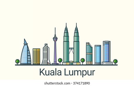 Banner of Kuala Lumpur in flat line trendy style. All buildings separated and customizable. Line art.