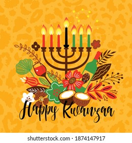 Banner for Kwanzaa with traditional candles representing the Seven Principles or Nguzo Saba. Lettering Happy Kwanzaa. Vector greeting card on leopard background.