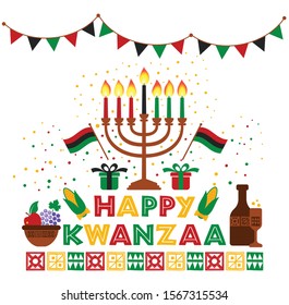 Banner for Kwanzaa with traditional colored and candles representing the Seven Principles or Nguzo Saba .