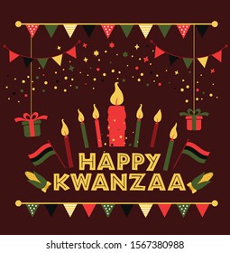 Banner for Kwanzaa with traditional colored and candles representing the Seven Principles or Nguzo Saba .