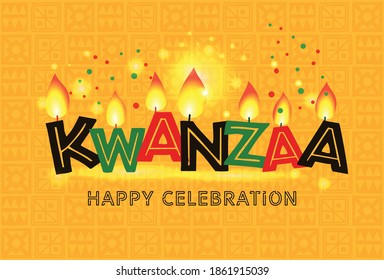 Banner for Kwanzaa with traditional colored and candles on yellow background representing the Seven Principles or Nguzo Saba .