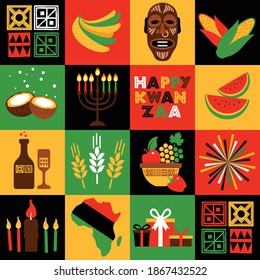 Banner for Kwanzaa with traditional colored and candles representing the Seven Principles or Nguzo Saba. Collgage style.