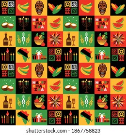 Banner for Kwanzaa with traditional colored and candles representing the Seven Principles or Nguzo Saba. Collgage style.