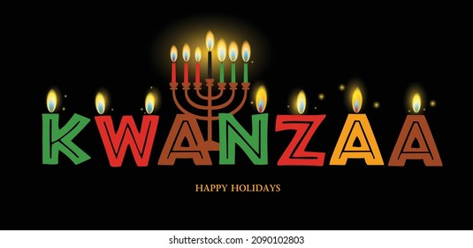 Banner for Kwanzaa with traditional colored and candles on yellow background representing the Seven Principles or Nguzo Saba .