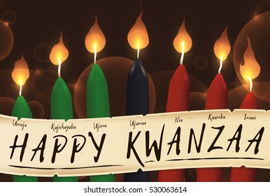 Banner for Kwanzaa with traditional colored candles representing the Seven Principles (or Nguzo Saba) over a ancient scroll.