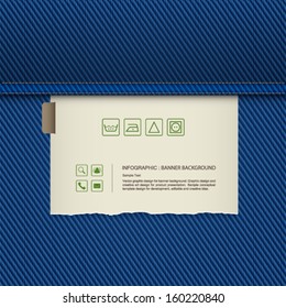Banner label background on blue jeans texture background with washing symbols - Vector illustration