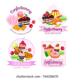 Banner or label with confectionery and sweets icons. Dessert, lollipop, ice cream with candied, macaron and pudding. Donut and cotton candy, muffin, waffles, biscuits and jelly.