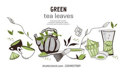 Banner or label for green tea products or matcha powder with teapot and mochi cake, vector hand drawn illustration on white background.