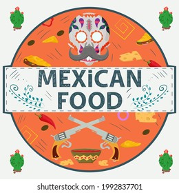 Banner-Etikette rund Illustration in flachem Design zum Thema mexikanisches Essen, Beschriftungsname, Schädelgewehre mit scharfe Sauce Käse Chilischoten in einem Kreis