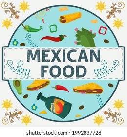 Banner label round, illustration in a flat design on the theme of Mexican food, inscription name, all food elements pepper tortilla taco drink tequila cactus in a circle