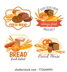 Banner or label witch bread products . Rye bread and pretzel, muffin, pita, ciabatta and croissant, wheat and whole grain bread, bagel, french baguette for design menu bakery.