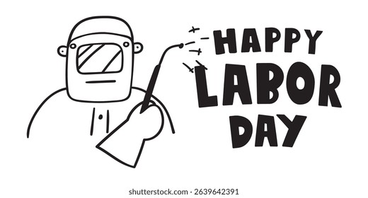 Banner. Labor day. Welder. Outline illustration on white background.