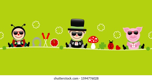 Banner Ladybug Chimney Sweep And Pig With Sunglasses Icons New Years Eve Green