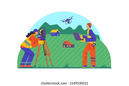 Cartel con ingenieros de topógrafos de tierra estudiando la topografía de la zona para construir o crear mapas, ilustración vectorial de dibujos planos aislados en fondo blanco.