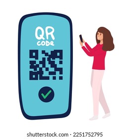 banner landidng page QR code scanning icon in smartphone. hand holding Mobile phone in line style, barcode scanner for pay, web, mobile app, promo. Vector illustration