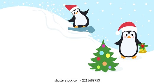 Banner or landing page with christmas tree and cute penguins wearing santa claus hats. Winter background. Vector illustration.