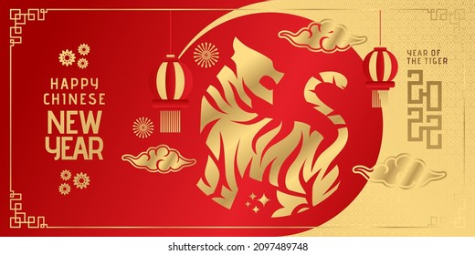 Banner or landing page design for 2022 Chinese New Year greetings. Year of the tiger, Golden tiger design for 2022 Chinese New Year celebrations.