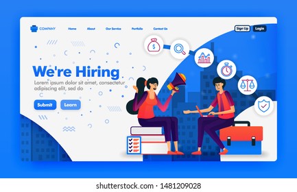 Banner or landing page to recruit employees or we're hiring design concepts. Cartoon illustration of job seeker interview. Can use for landing page, Website, UI UX, Web, Mobile App, Poster, Background