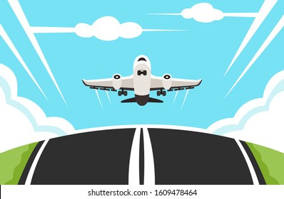Banner with a landing or taking off plane. Travel concept. Vector illustration.