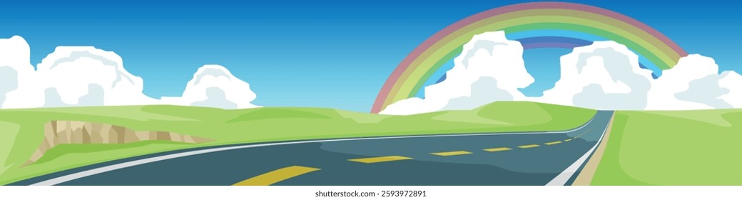 Banner of landscape with a asphalt road stretching towards the horizon. Rainbow arcs across the sky flanked by fluffy white clouds. Green hills roll in the background under blue sky and white clouds. 