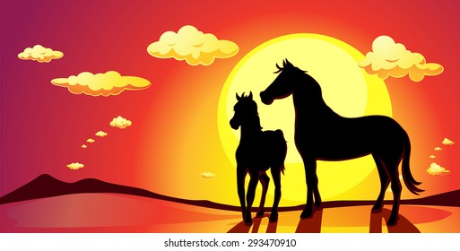 banner landscape with horses in sunset - vector illustration