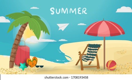 banner landscape, lounge chair under a sun umbrella, stands on a sandy beach, for design decoration, flat vector illustration