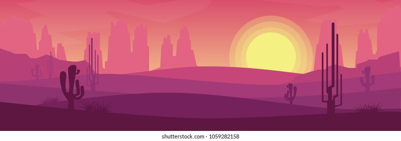 Banner of landscape view of desert with dried land hill,mountain rock with some cactuses tree in morning sunrise or evening sunset time in orange pink tone for website banner
