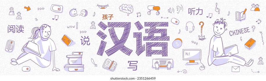 Banner for language school or course for children. Lettering means Chinese, speak, read, write, listen in Chinese. Outline icons, symbols of book, dictionary, vocabulary, basic learning skills, vector