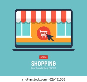 Banner with laptop. Page with online store open on laptop screen. Concept online shopping