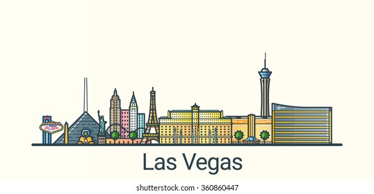 Banner of Las Vegas city in flat line trendy style. All buildings separated and customizable. Line art.
