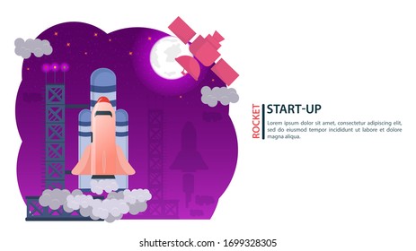 banner, the launch of the space Shuttle for flight at the launch site, for web and mobile sites design, flat vector illustration