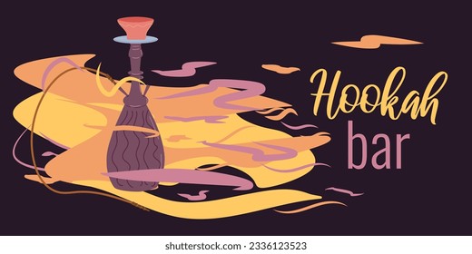 Banner layout design template for hookah bar. Hookah in colored smoke. Vector flat illustration.