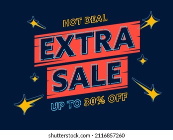Bannerlayout mit Hot-Deal Extra-Verkauf bis zu 30 Prozent Rabatt. Rabatt Förderung am Wochenende, am Ende der Saison oder an Feiertagen Vektorgrafik. Minimaler Memphis-Stil mit funkelndem Stern