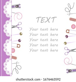 Banner layout for sewing and crafts workshop announcement. Illustrations of sewing and tools with lettering. Header for creative professional education for sewing or tailor.