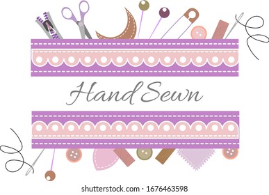 Banner layout for sewing and crafts workshop announcement. Illustrations of sewing and tools with lettering. Header for creative professional education for sewing or tailor. 