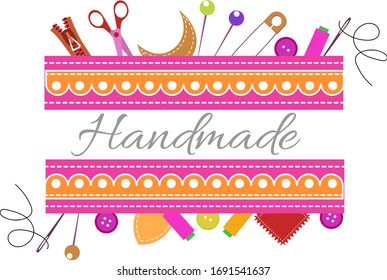 Banner layout for sewing and crafts workshop announcement. Illustrations of sewing and tools with lettering. Header for creative professional education for sewing or tailor. 