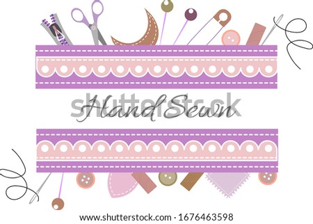 Banner layout for sewing and crafts workshop announcement. Illustrations of sewing and tools with lettering. Header for creative professional education for sewing or tailor. 
