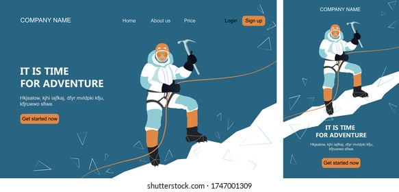 Banner layout for the site of the desktop and mobile versions. A young alpinist girl makes an ascent to the peak of the mountain.