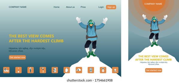 Banner layout of the site desktop and mobile versions. The climber stands on the peak of mountain. Also there are icons set about tourism.