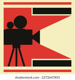 Banner, layout, template, advertising poster, poster, ticket in the style of constructivism of the 20s. Flat vector illustration of geometric shapes in red, black, beige. Old movie camera.eps10.