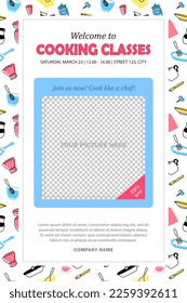 Banner or leaflet with invitation to cooking classes, chef school. Flyer with address, culinary course schedule, transparent place for photo or text and linear silhouettes of kitchenware on background