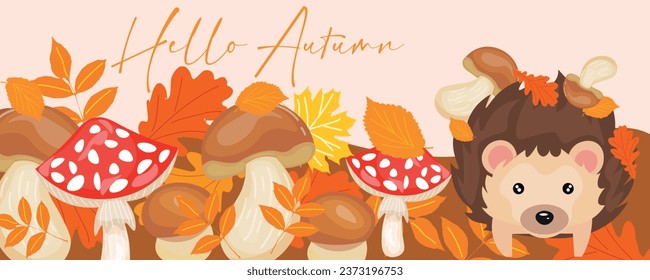 Banner with leaves, mushrooms, hedgehog and text HELLO, AUTUMN