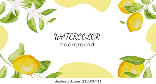 Banner with lemon flowers, citrus branch and leaves. Background, vector illustration for summer sale.