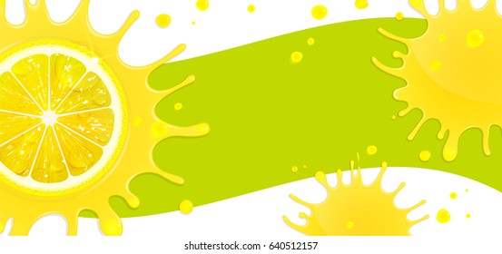 Banner With Lemon And Splash Juice On A Green Background